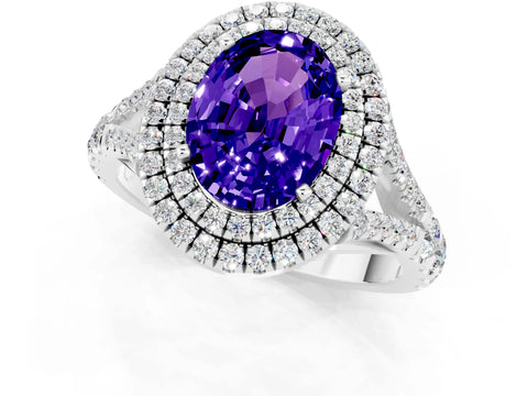 White gold Oval Cut Tanzanite Double Halo Ring with Split Shank and Prong Setting_13