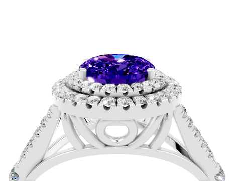 White gold Oval Cut Tanzanite Double Halo Ring with Split Shank and Prong Setting_16