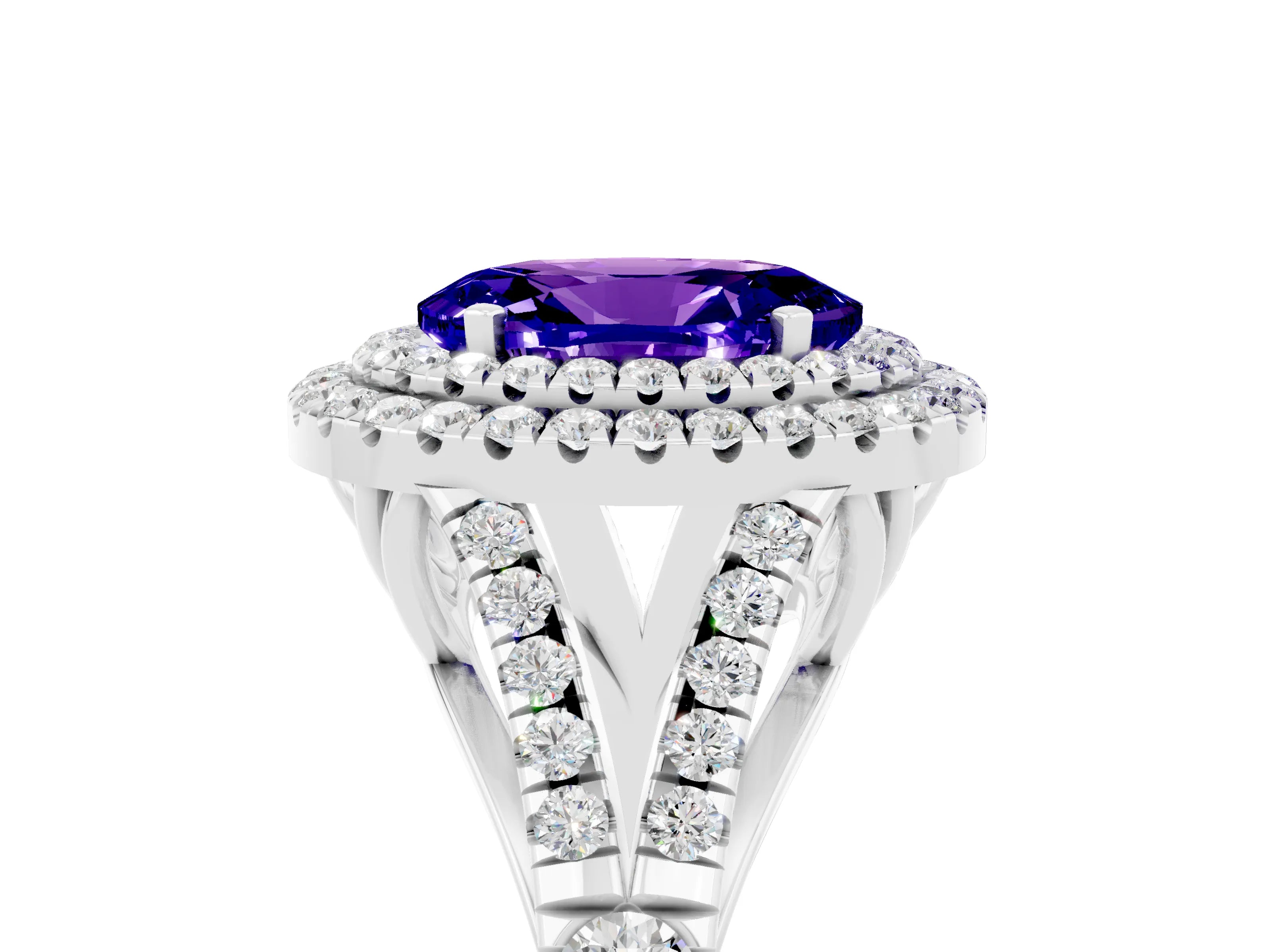 White gold Oval Cut Tanzanite Double Halo Ring with Split Shank and Prong Setting_17