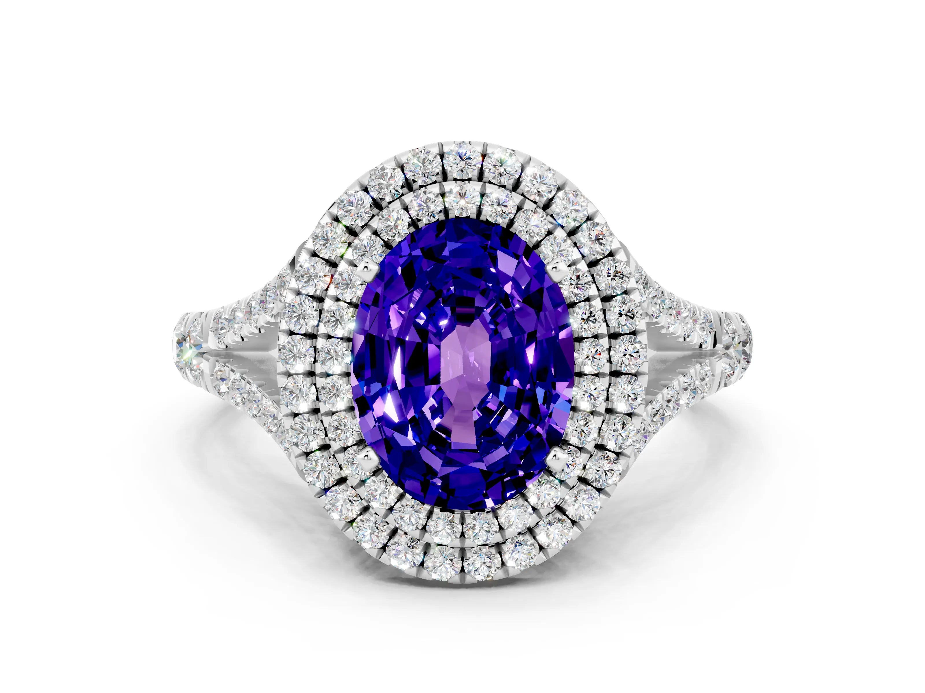 White gold Oval Cut Tanzanite Double Halo Ring with Split Shank and Prong Setting_24