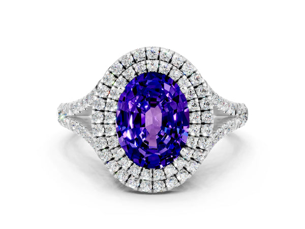 White gold Oval Cut Tanzanite Double Halo Ring with Split Shank and Prong Setting