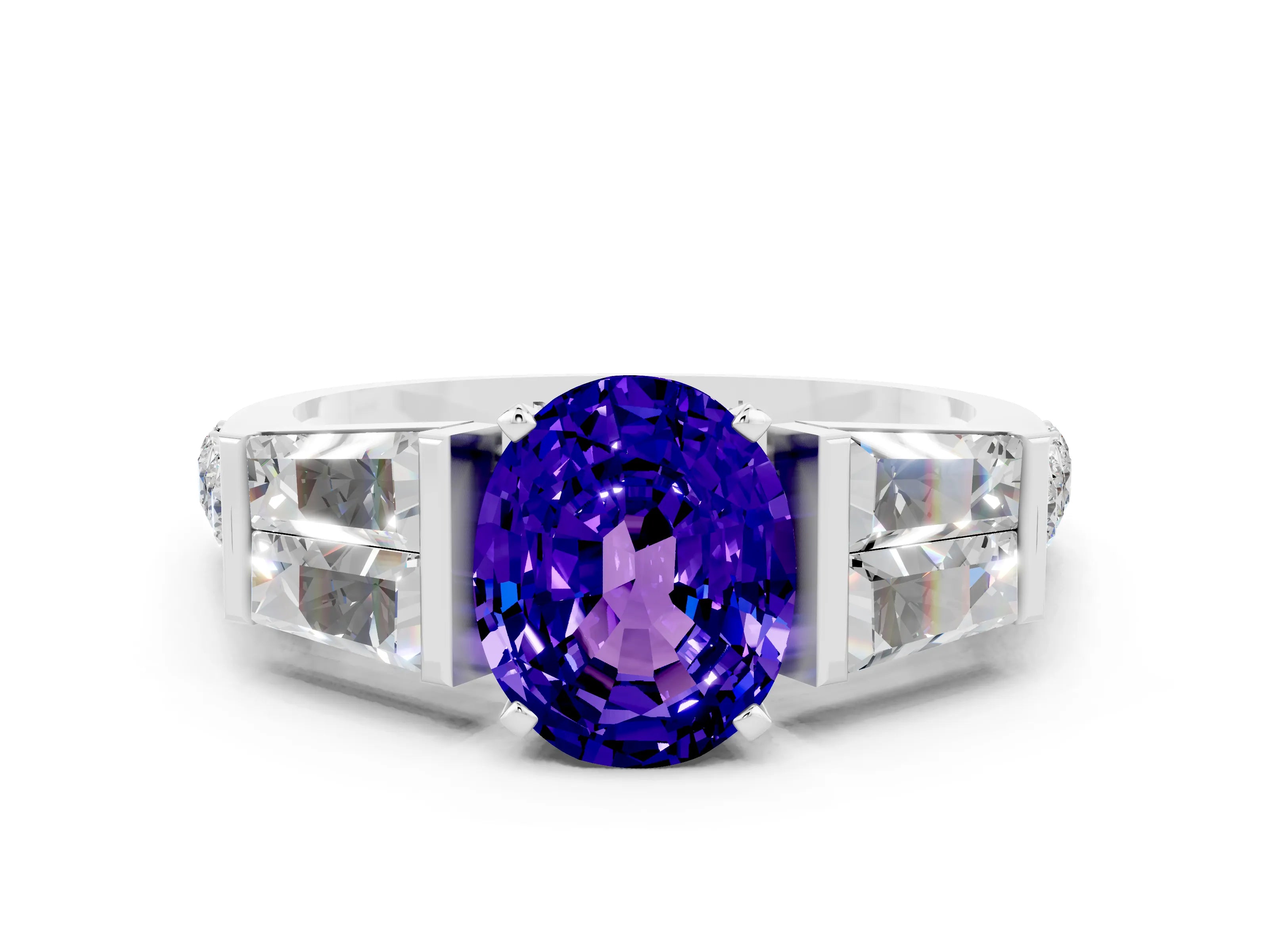 White gold Oval Cut Tanzanite Engagement Ring with Baguette Side Stones and Channel Set Band