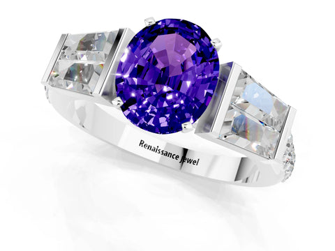White gold Oval Cut Tanzanite Engagement Ring with Baguette Side Stones and Channel Set Band_1