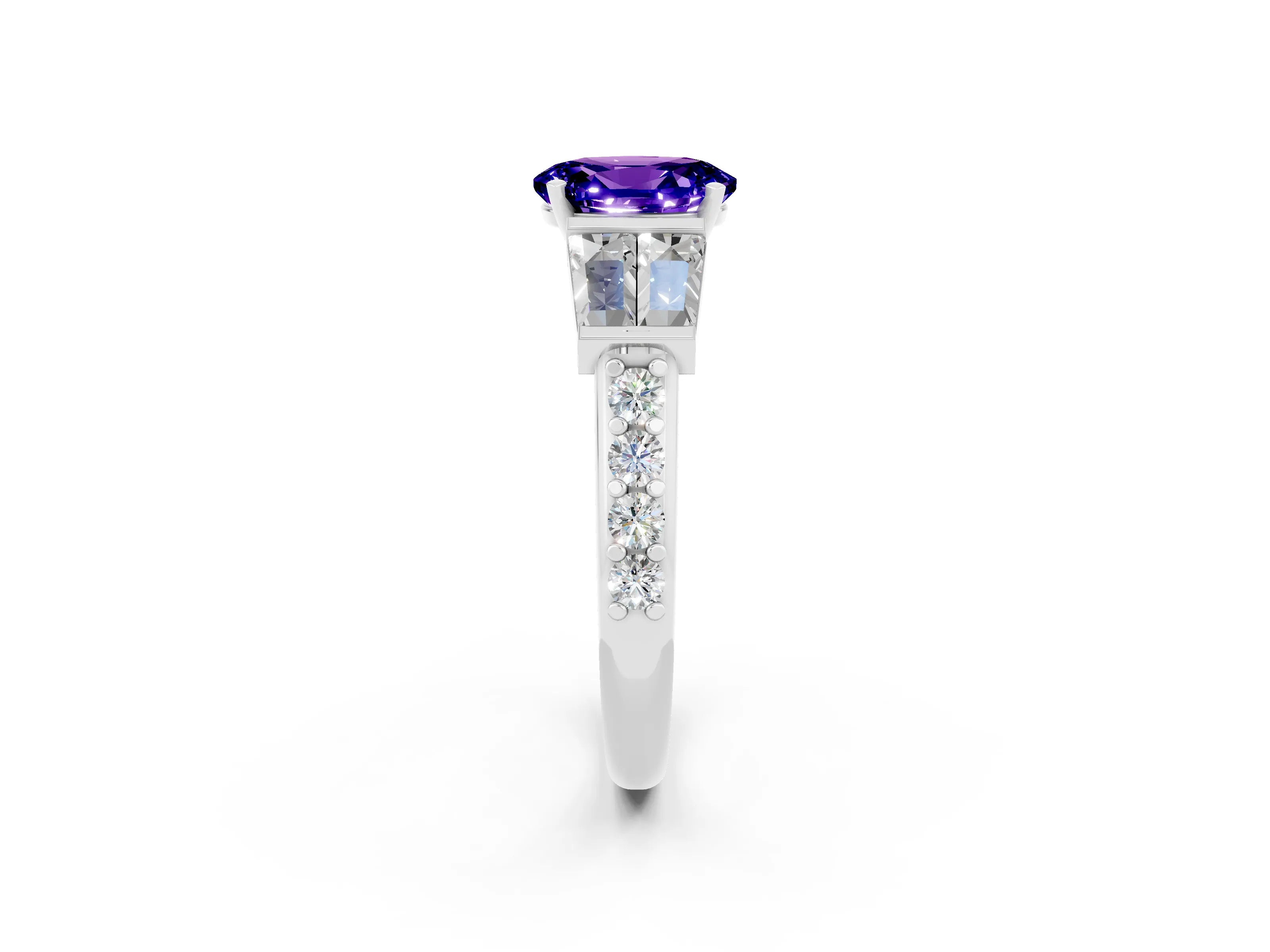 White gold Oval Cut Tanzanite Engagement Ring with Baguette Side Stones and Channel Set Band_2