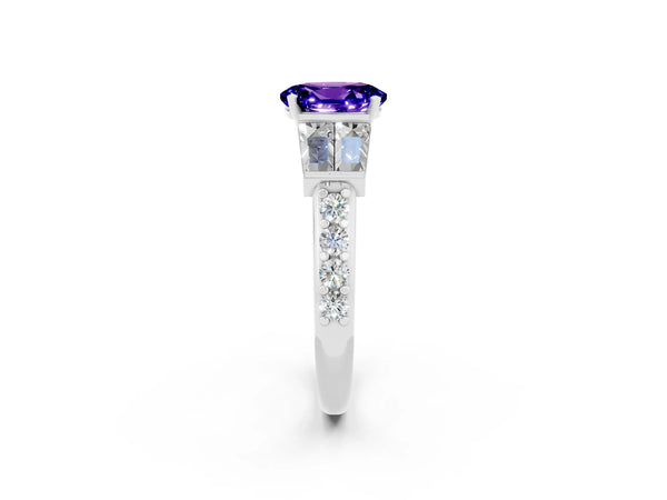 Platinum Oval Cut Tanzanite Engagement Ring with Baguette Side Stones and Channel Set Band