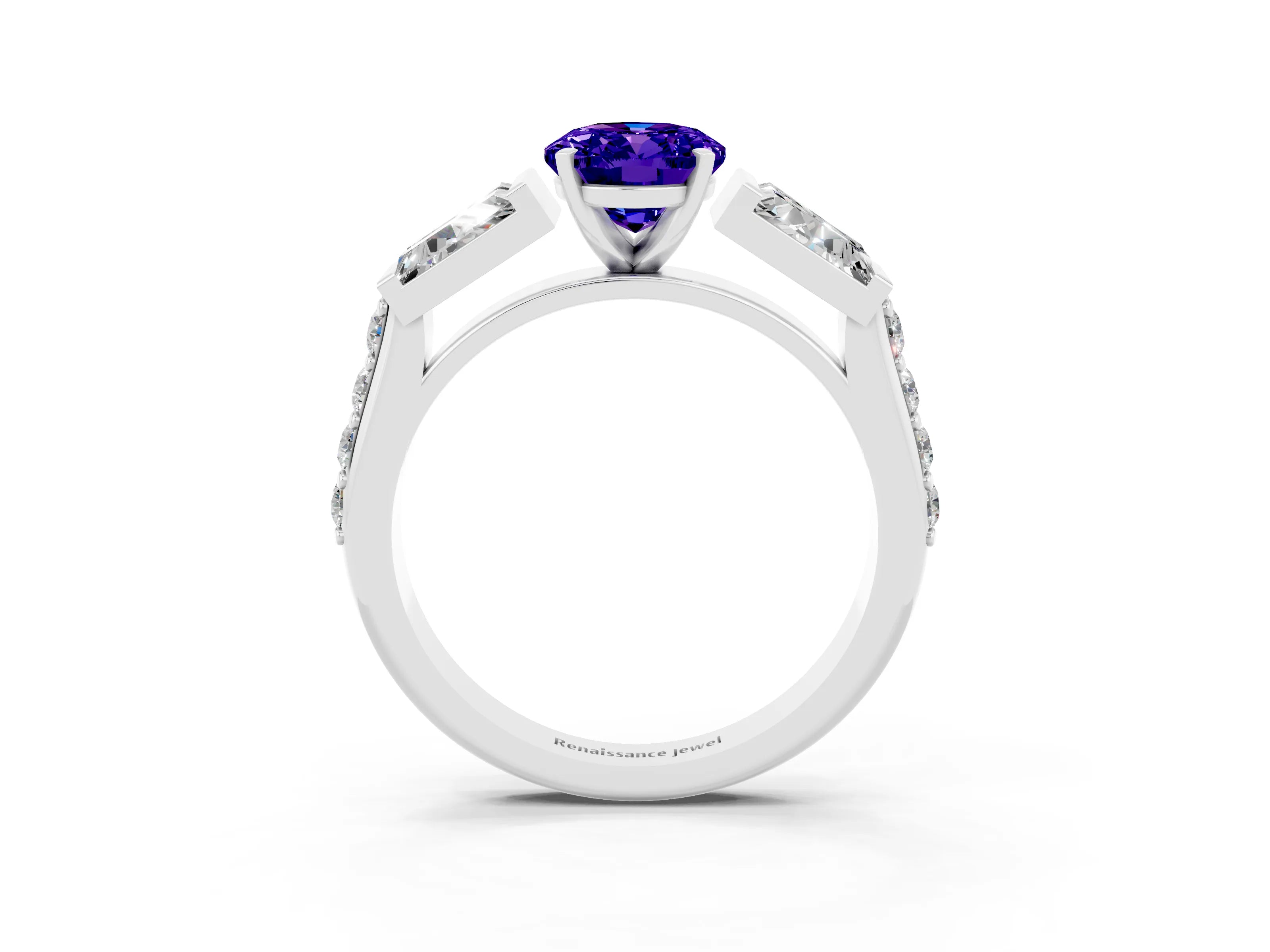 White gold Oval Cut Tanzanite Engagement Ring with Baguette Side Stones and Channel Set Band_3