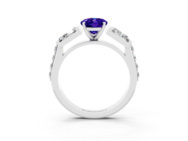 Platinum Oval Cut Tanzanite Engagement Ring with Baguette Side Stones and Channel Set Band