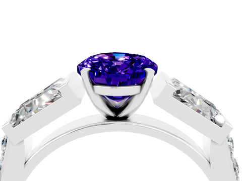 White gold Oval Cut Tanzanite Engagement Ring with Baguette Side Stones and Channel Set Band_4