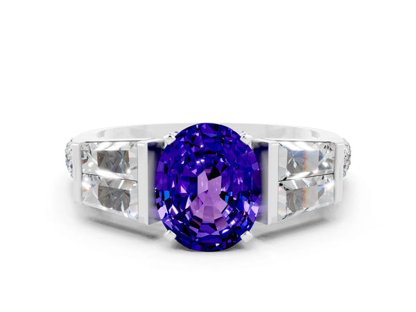 Silver Oval Cut Tanzanite Engagement Ring with Baguette Side Stones and Channel Set Band