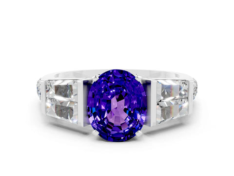 White gold Oval Cut Tanzanite Engagement Ring with Baguette Side Stones and Channel Set Band