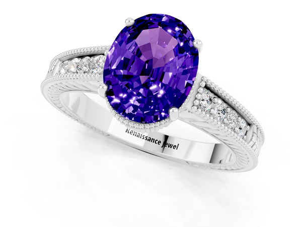 White gold Oval Cut Tanzanite Engagement Ring with Milgrain Channel Set Band and Prong Setting