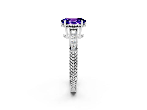White gold Oval Cut Tanzanite Engagement Ring with Milgrain Channel Set Band and Prong Setting_2