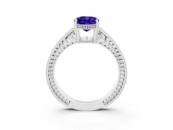 Platinum Oval Cut Tanzanite Engagement Ring with Milgrain Channel Set Band and Prong Setting