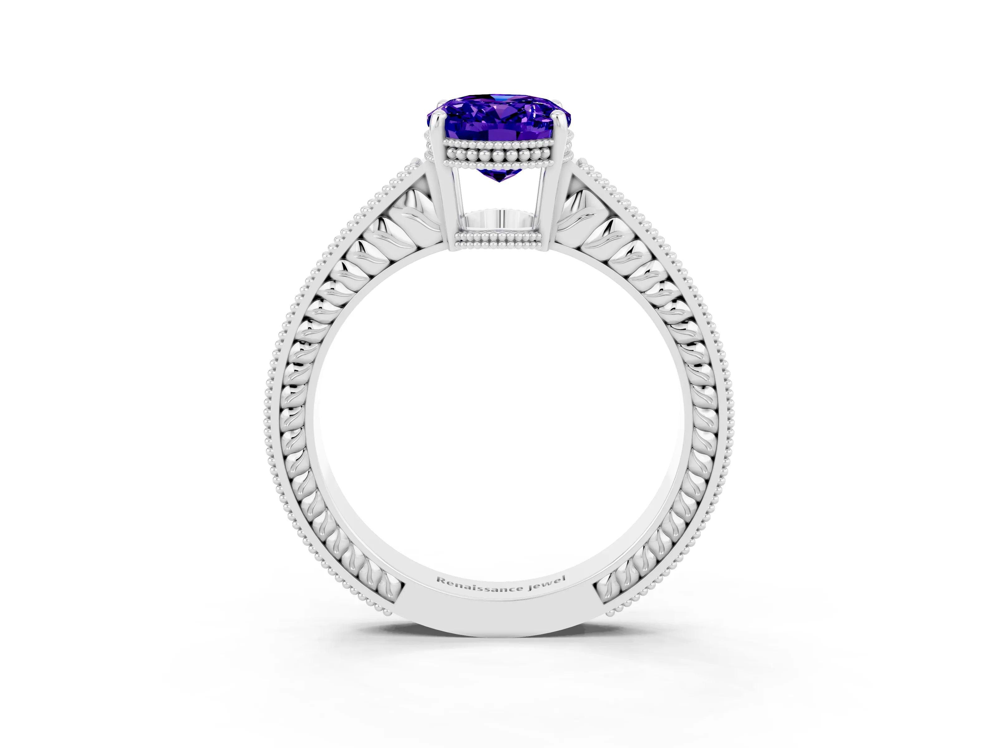 White gold Oval Cut Tanzanite Engagement Ring with Milgrain Channel Set Band and Prong Setting_3