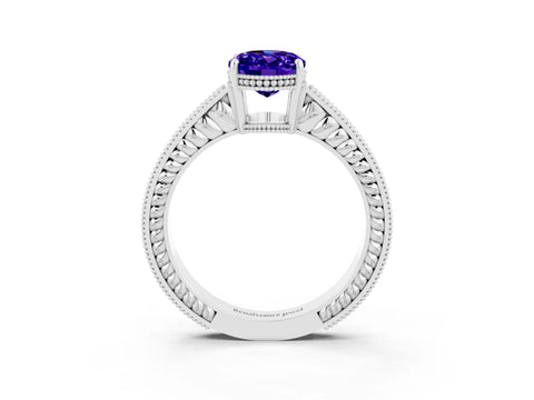 White gold Oval Cut Tanzanite Engagement Ring with Milgrain Channel Set Band and Prong Setting_3