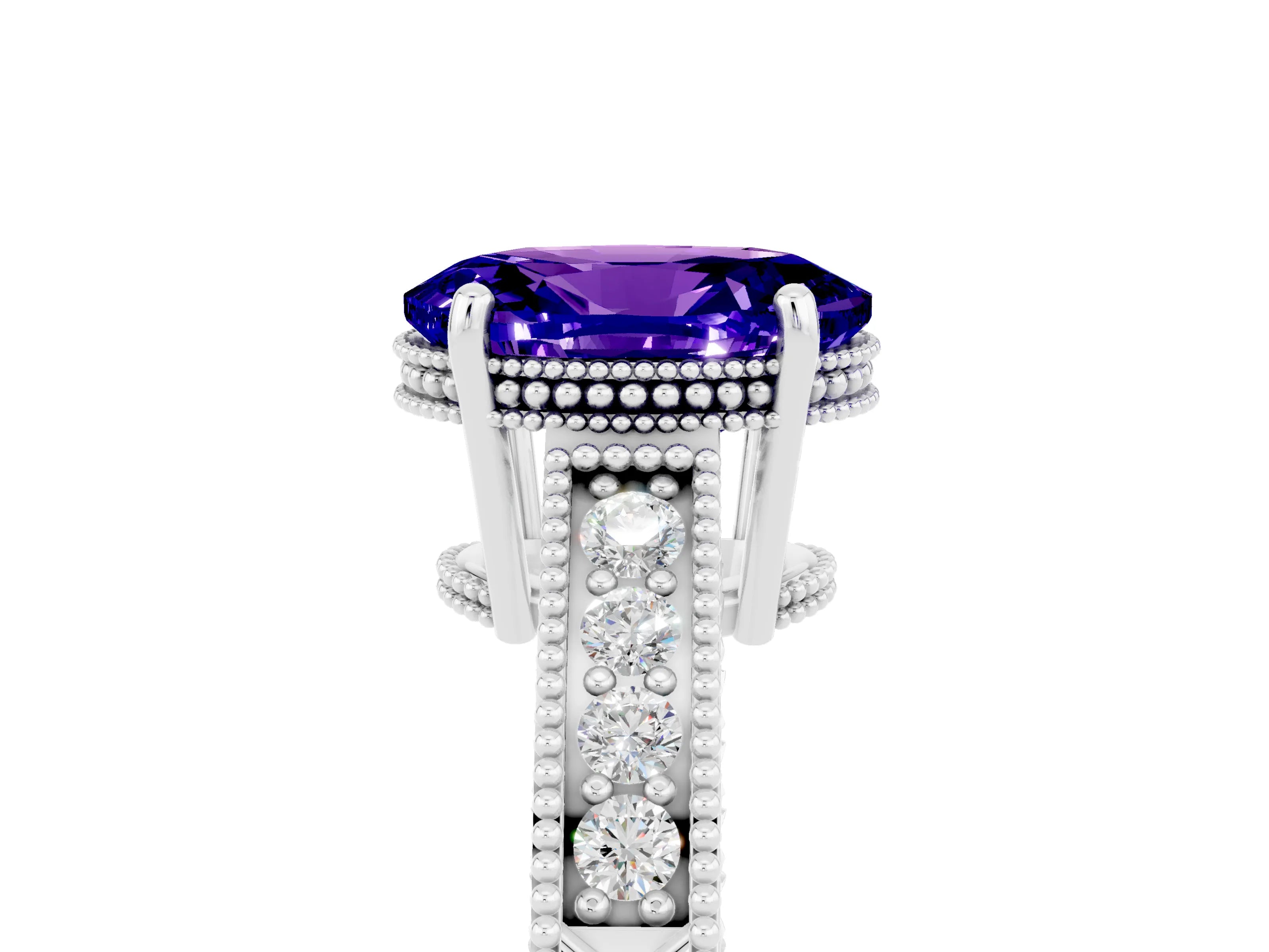 White gold Oval Cut Tanzanite Engagement Ring with Milgrain Channel Set Band and Prong Setting_5