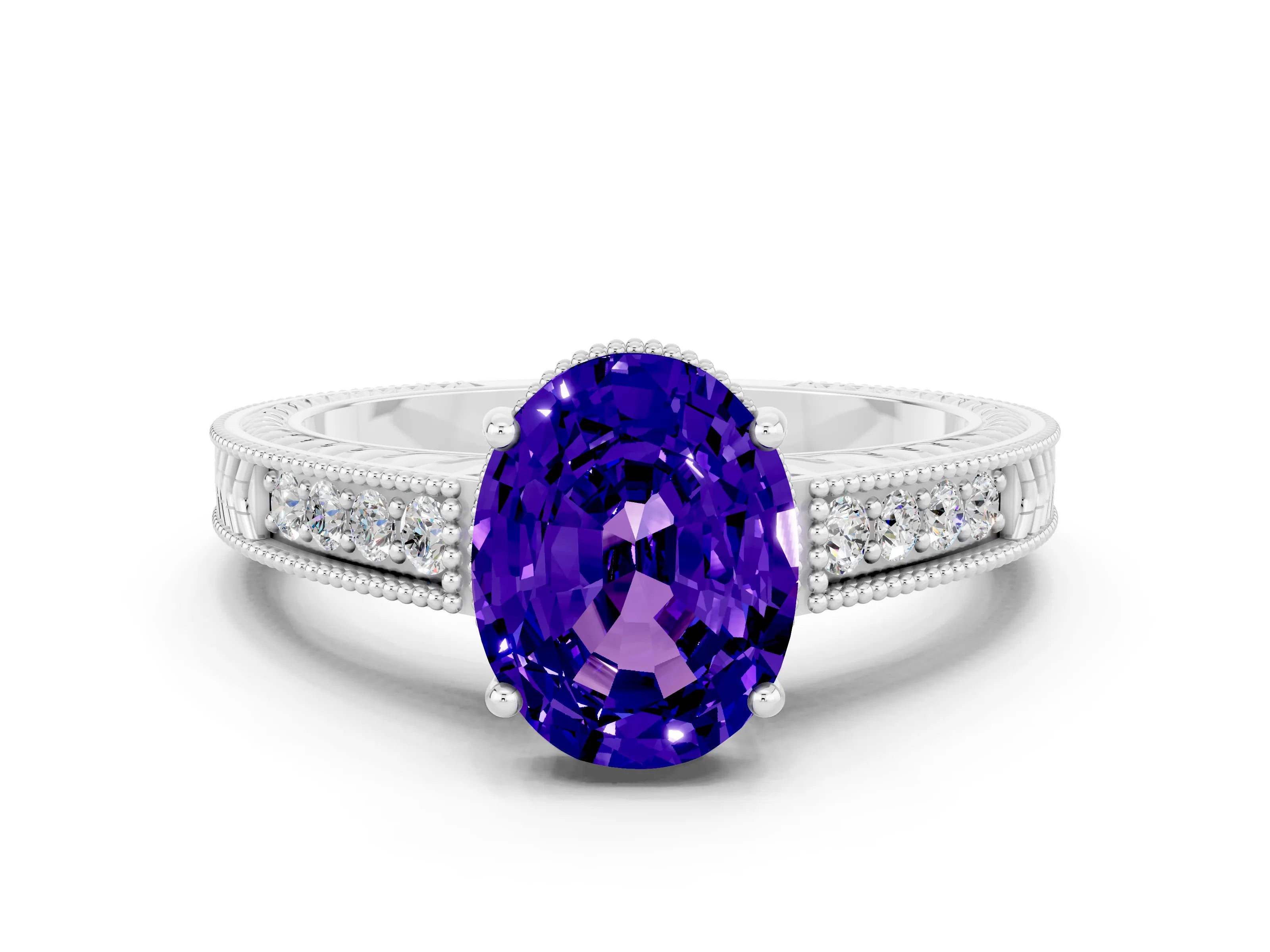 White gold Oval Cut Tanzanite Engagement Ring with Milgrain Channel Set Band and Prong Setting