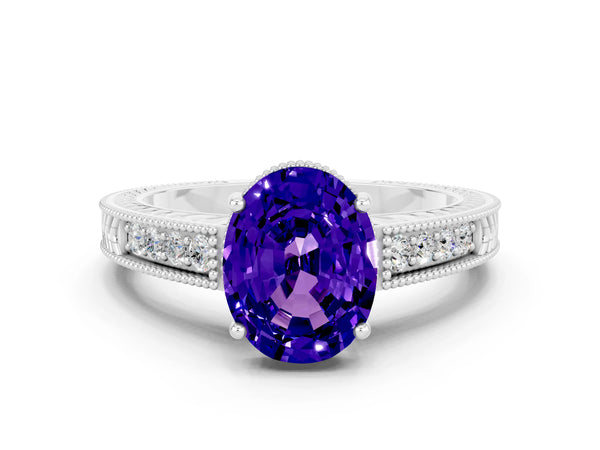 Silver Oval Cut Tanzanite Engagement Ring with Milgrain Channel Set Band and Prong Setting