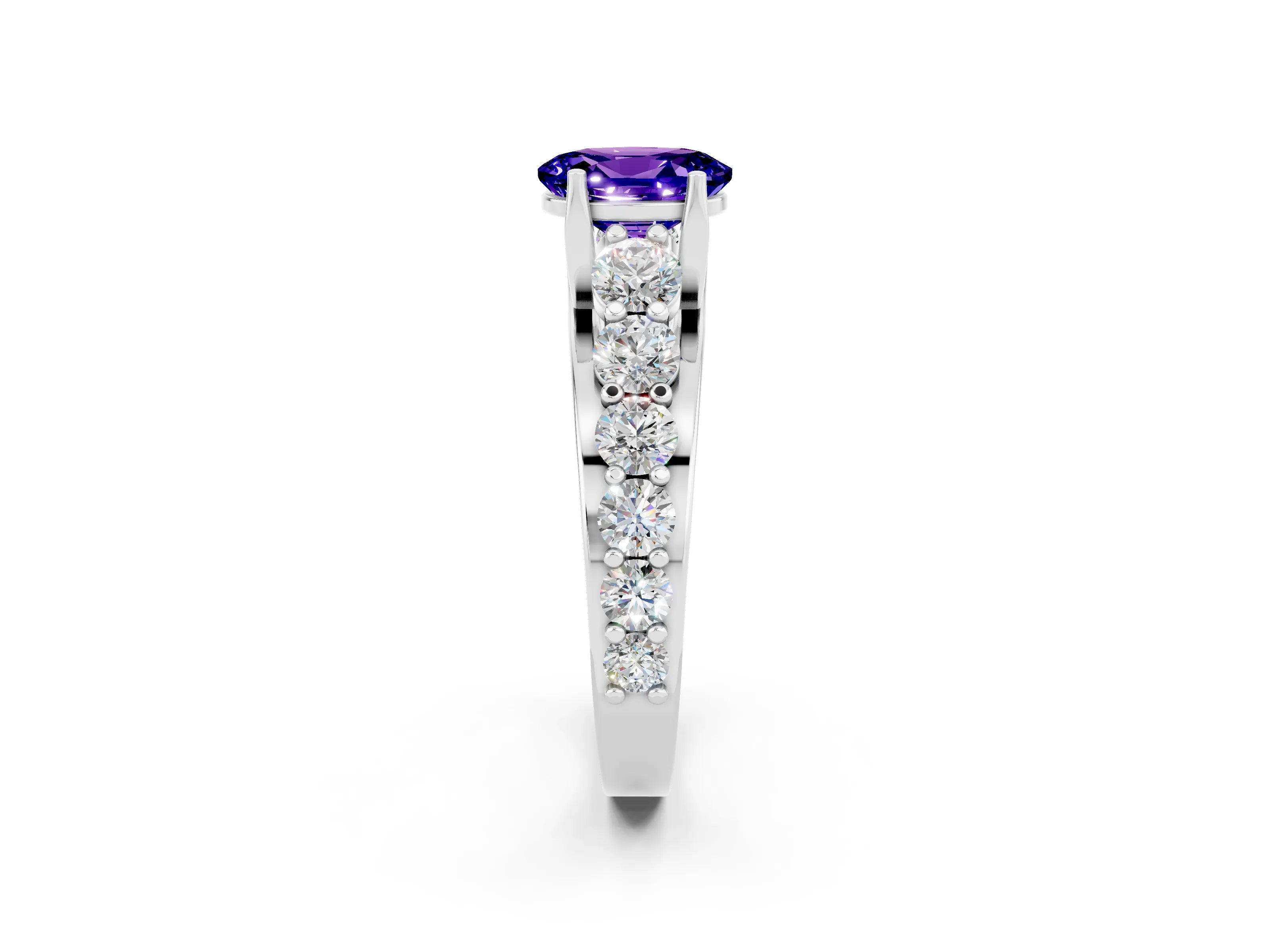 White gold Oval Cut Tanzanite Engagement Ring with Pavé Band and Four-Prong Setting_2