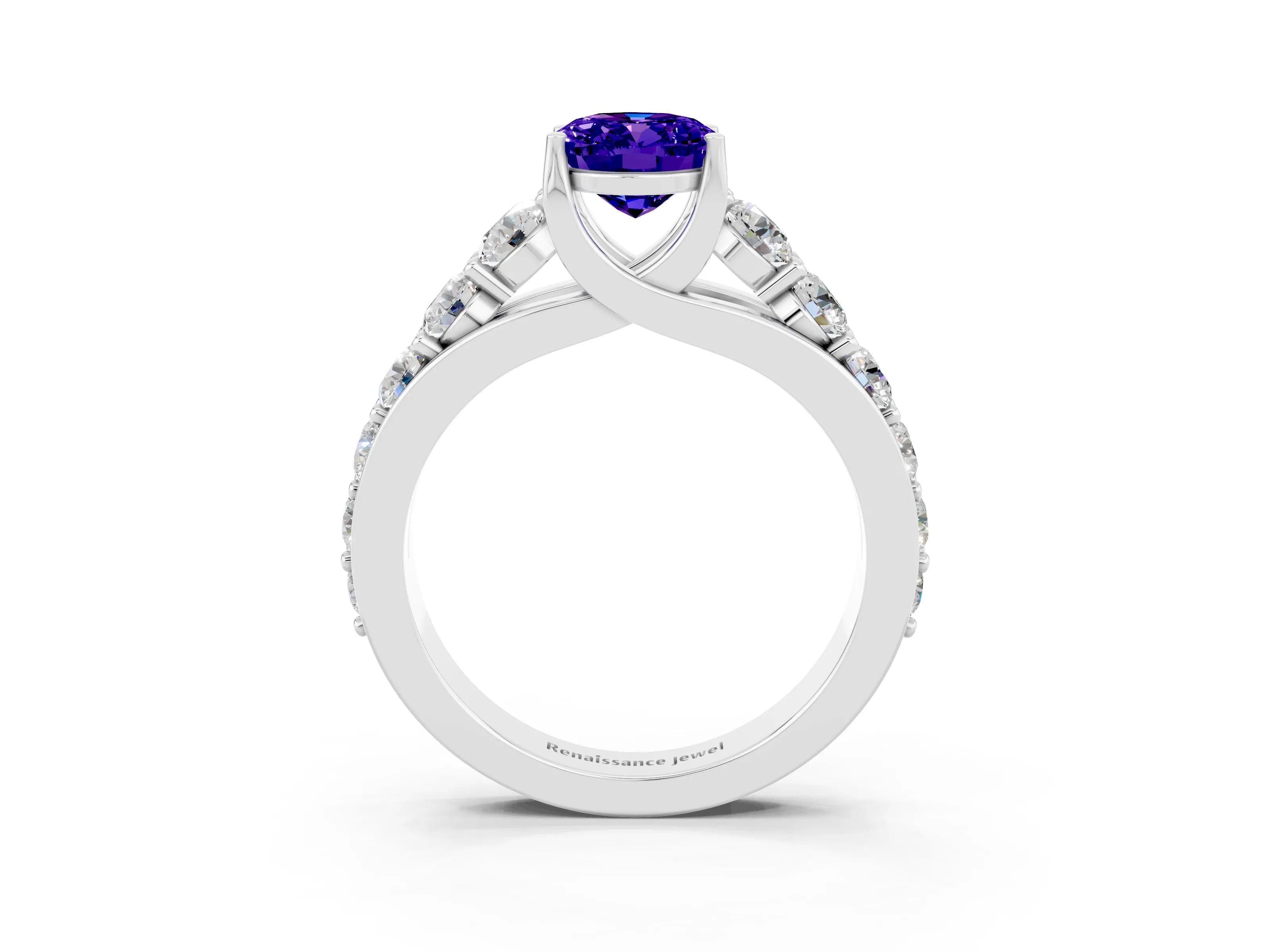 White gold Oval Cut Tanzanite Engagement Ring with Pavé Band and Four-Prong Setting_3