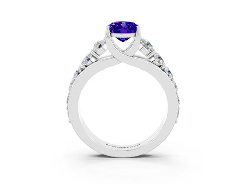 White gold Oval Cut Tanzanite Engagement Ring with Pavé Band and Four-Prong Setting_3
