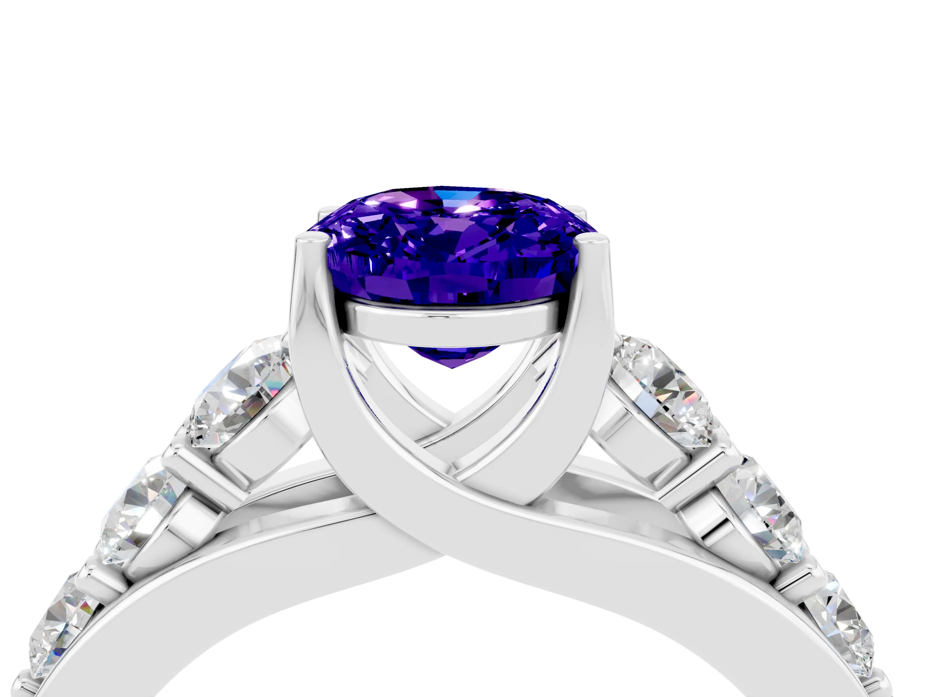 White gold Oval Cut Tanzanite Engagement Ring with Pavé Band and Four-Prong Setting_4