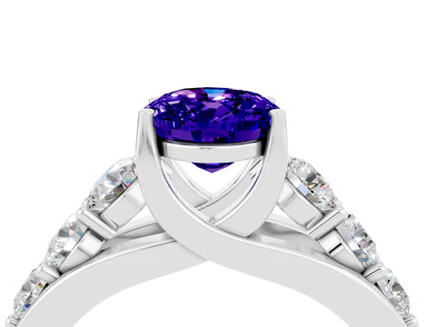 White gold Oval Cut Tanzanite Engagement Ring with Pavé Band and Four-Prong Setting_4