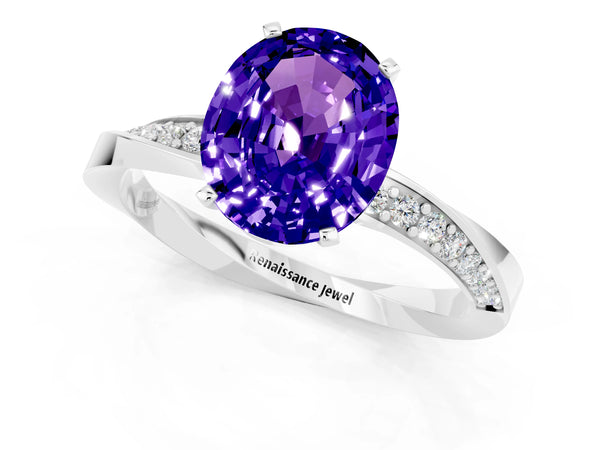 White gold Oval Cut Tanzanite Engagement Ring with Side Stone Accents and Four-Prong Setting