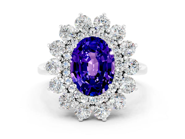 Platinum Oval Cut Tanzanite Floral Double Halo Engagement Ring with Prong Setting