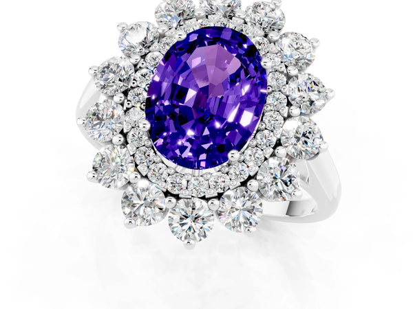 White gold Oval Cut Tanzanite Floral Double Halo Engagement Ring with Prong Setting