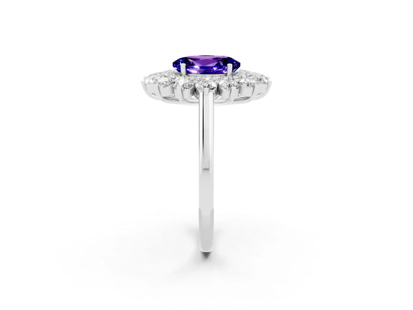 Platinum Oval Cut Tanzanite Floral Double Halo Engagement Ring with Prong Setting