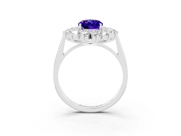 Platinum Oval Cut Tanzanite Floral Double Halo Engagement Ring with Prong Setting