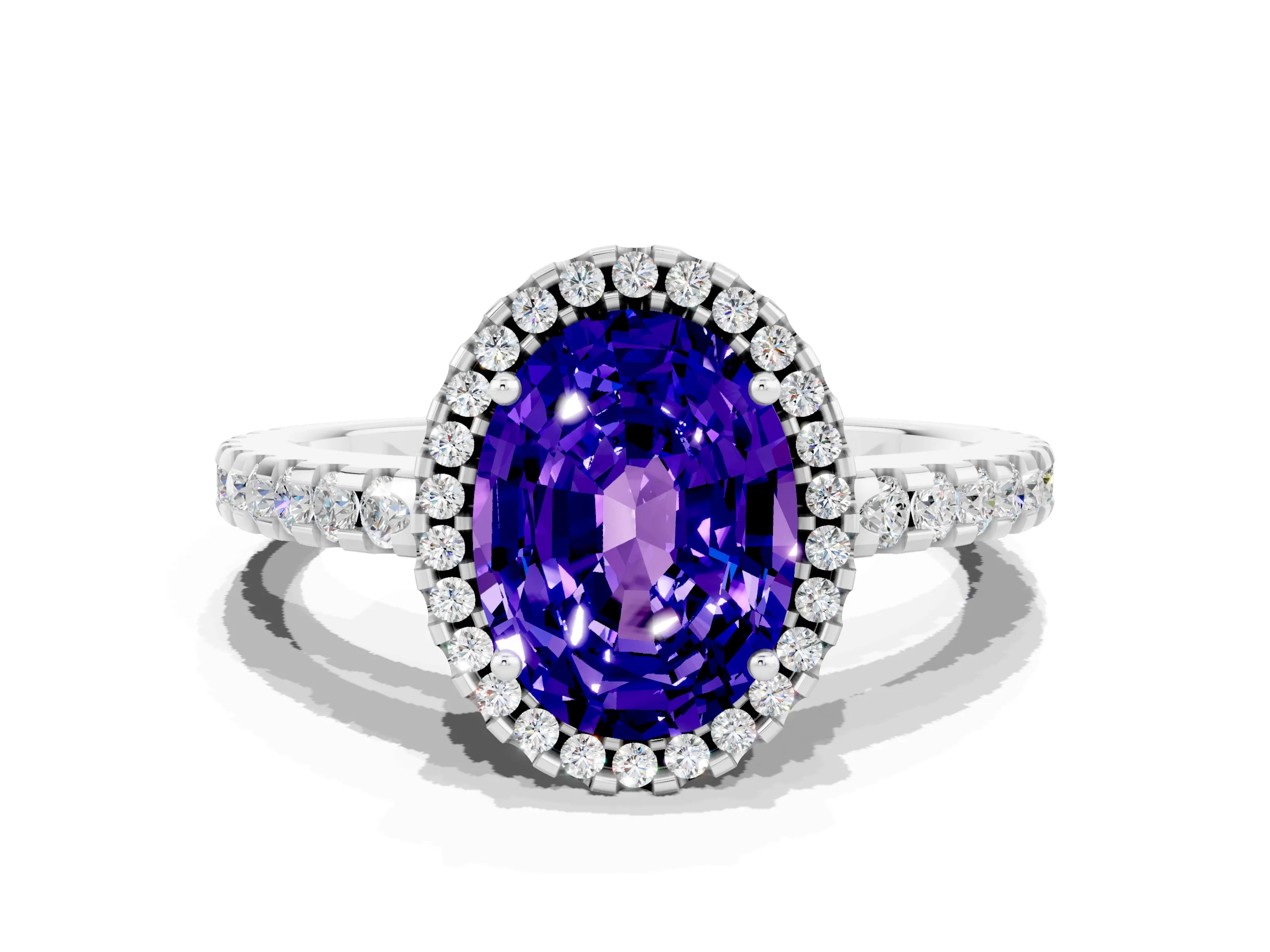 White gold Oval Cut Tanzanite Halo Engagement Ring with Pavé Band and Prong Setting_12