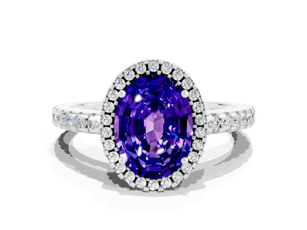 Silver Oval Cut Tanzanite Halo Engagement Ring with Pavé Band and Prong Setting