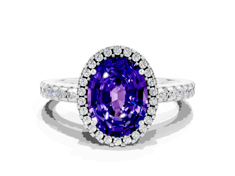 White gold Oval Cut Tanzanite Halo Engagement Ring with Pavé Band and Prong Setting_12