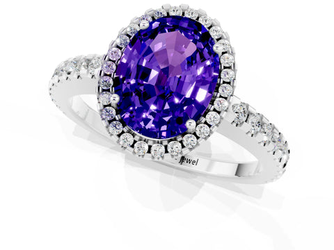 White gold Oval Cut Tanzanite Halo Engagement Ring with Pavé Band and Prong Setting_13