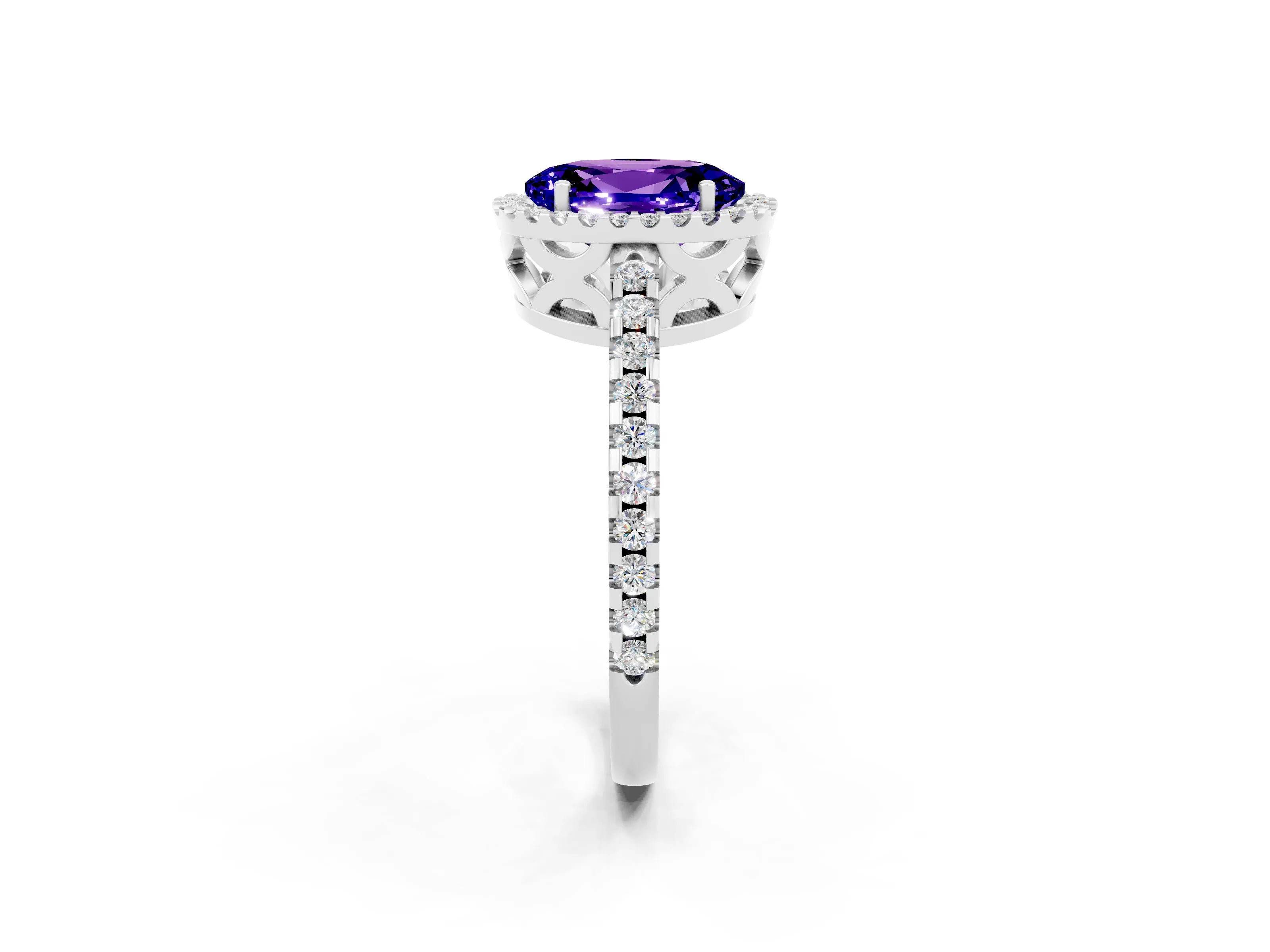 White gold Oval Cut Tanzanite Halo Engagement Ring with Pavé Band and Prong Setting_14