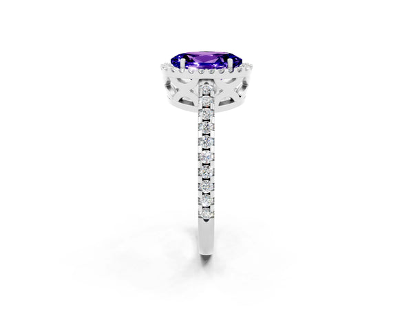 Platinum Oval Cut Tanzanite Halo Engagement Ring with Pavé Band and Prong Setting