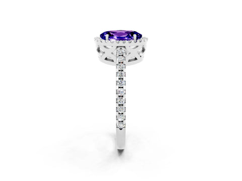 White gold Oval Cut Tanzanite Halo Engagement Ring with Pavé Band and Prong Setting_14