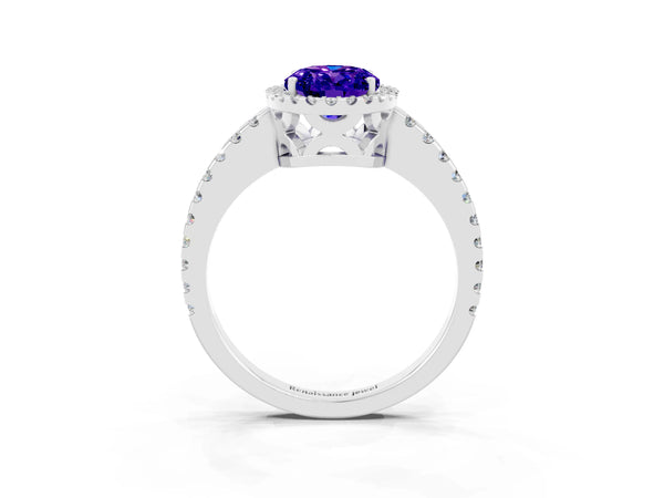 Platinum Oval Cut Tanzanite Halo Engagement Ring with Pavé Band and Prong Setting