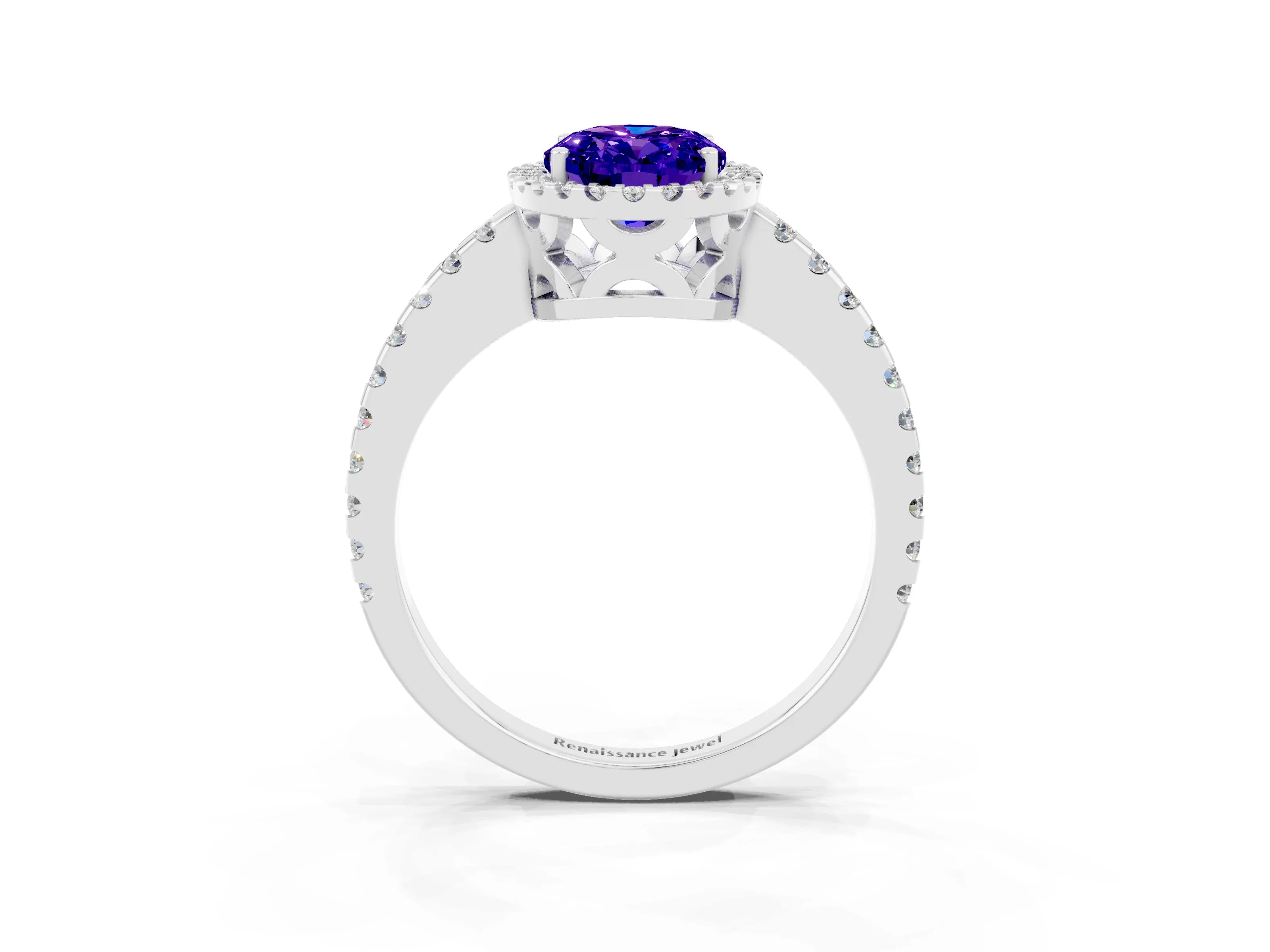 White gold Oval Cut Tanzanite Halo Engagement Ring with Pavé Band and Prong Setting_15