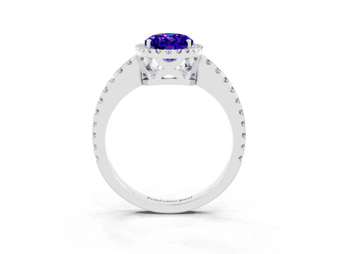 White gold Oval Cut Tanzanite Halo Engagement Ring with Pavé Band and Prong Setting_15
