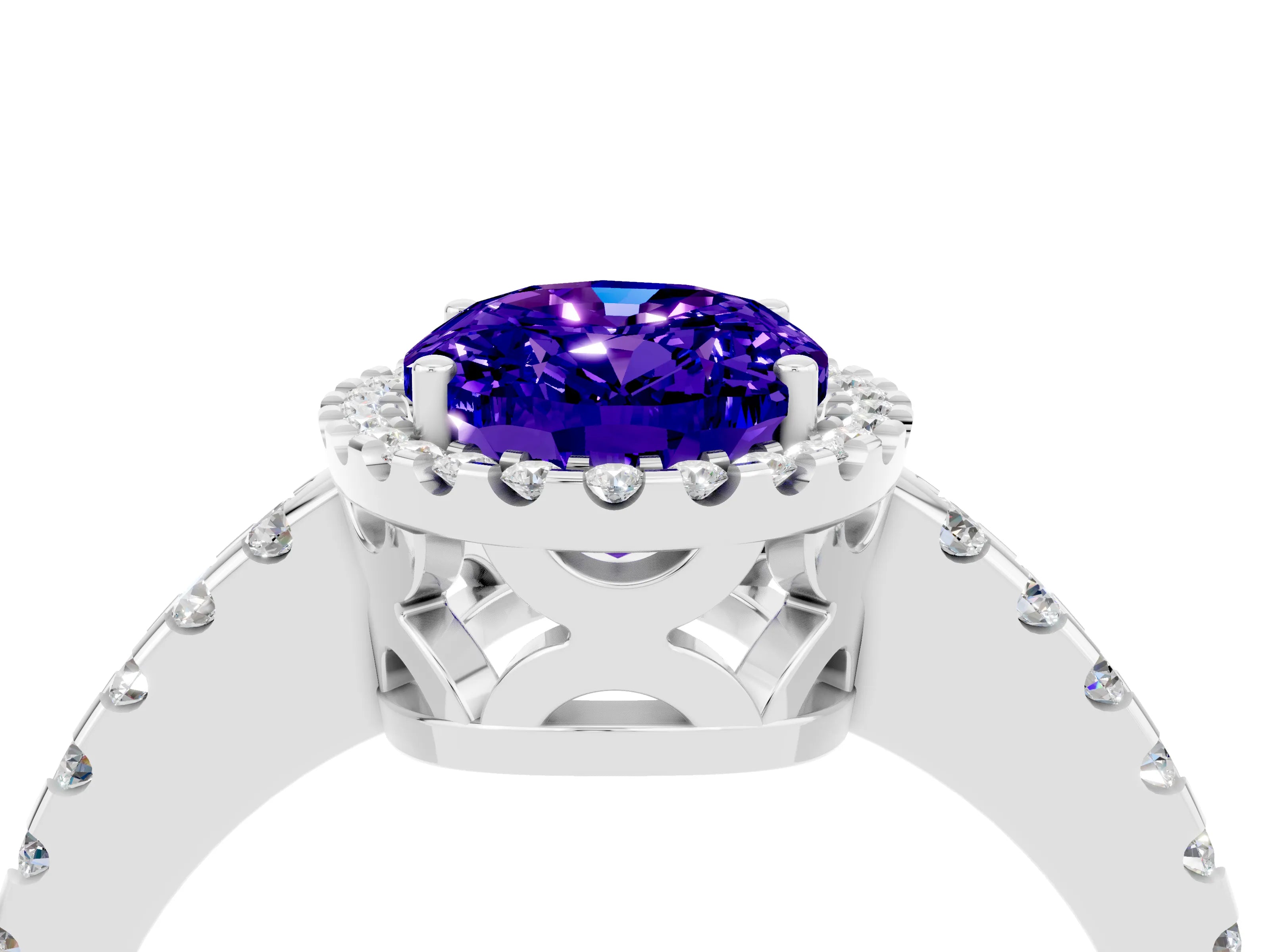 White gold Oval Cut Tanzanite Halo Engagement Ring with Pavé Band and Prong Setting_16