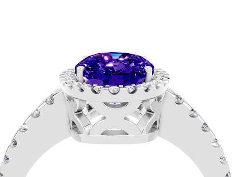 White gold Oval Cut Tanzanite Halo Engagement Ring with Pavé Band and Prong Setting_16