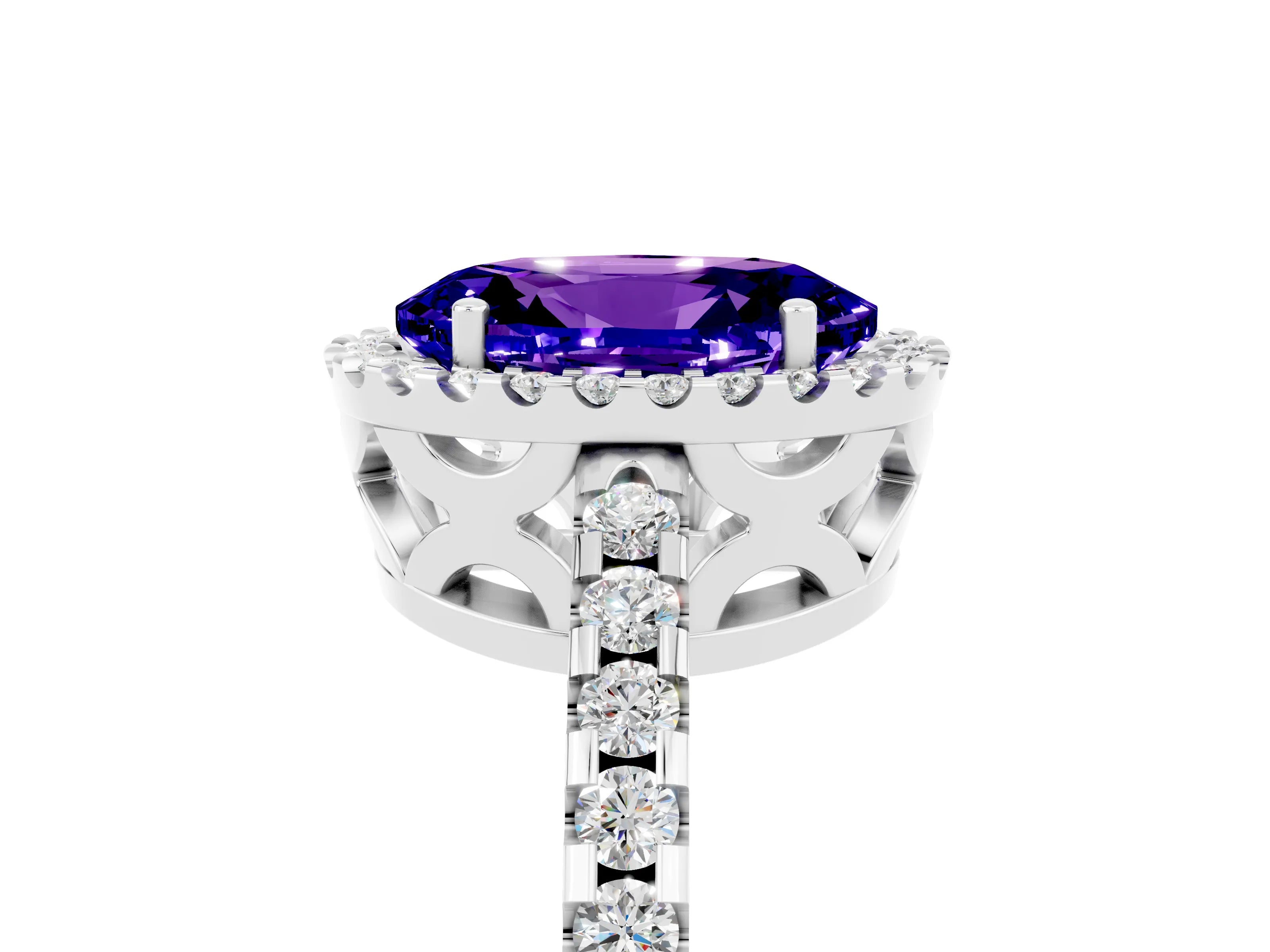 White gold Oval Cut Tanzanite Halo Engagement Ring with Pavé Band and Prong Setting_17