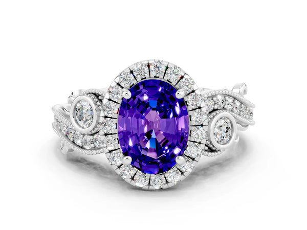 White gold Oval Cut Tanzanite Halo Ring with Milgrain Pavé Band and Four-Prong Setting