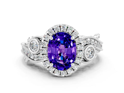 White gold Oval Cut Tanzanite Halo Ring with Milgrain Pavé Band and Four-Prong Setting_12