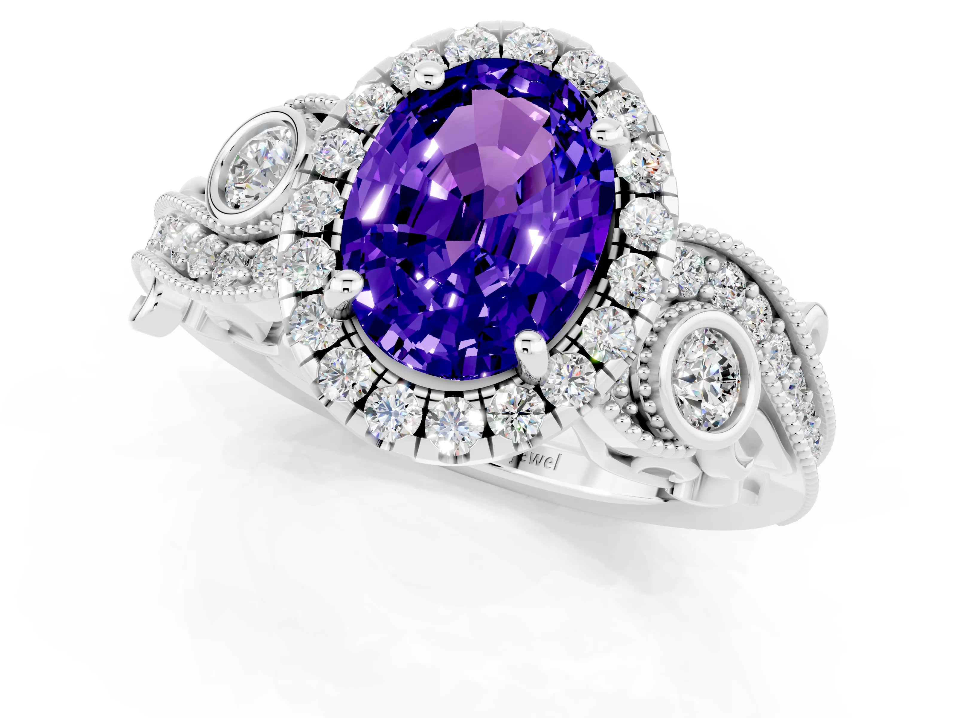 White gold Oval Cut Tanzanite Halo Ring with Milgrain Pavé Band and Four-Prong Setting_13