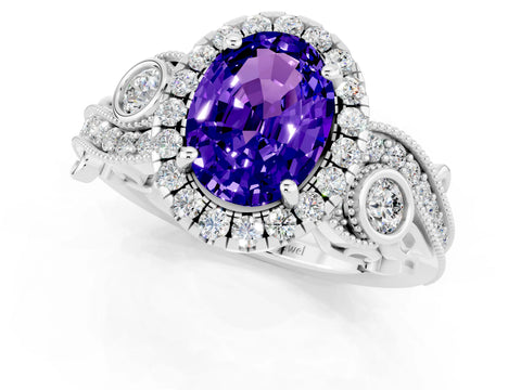 White gold Oval Cut Tanzanite Halo Ring with Milgrain Pavé Band and Four-Prong Setting_13