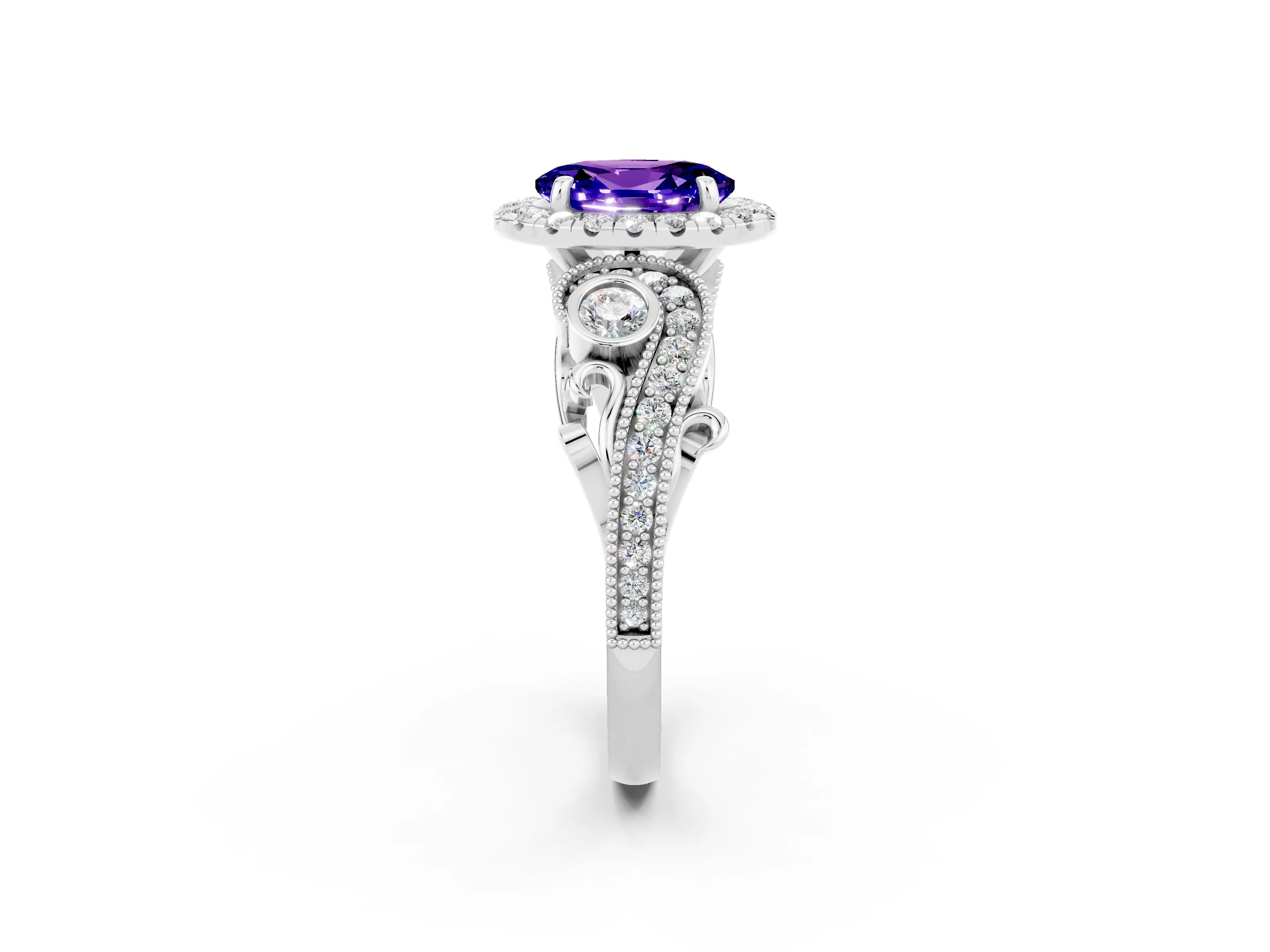 White gold Oval Cut Tanzanite Halo Ring with Milgrain Pavé Band and Four-Prong Setting_14